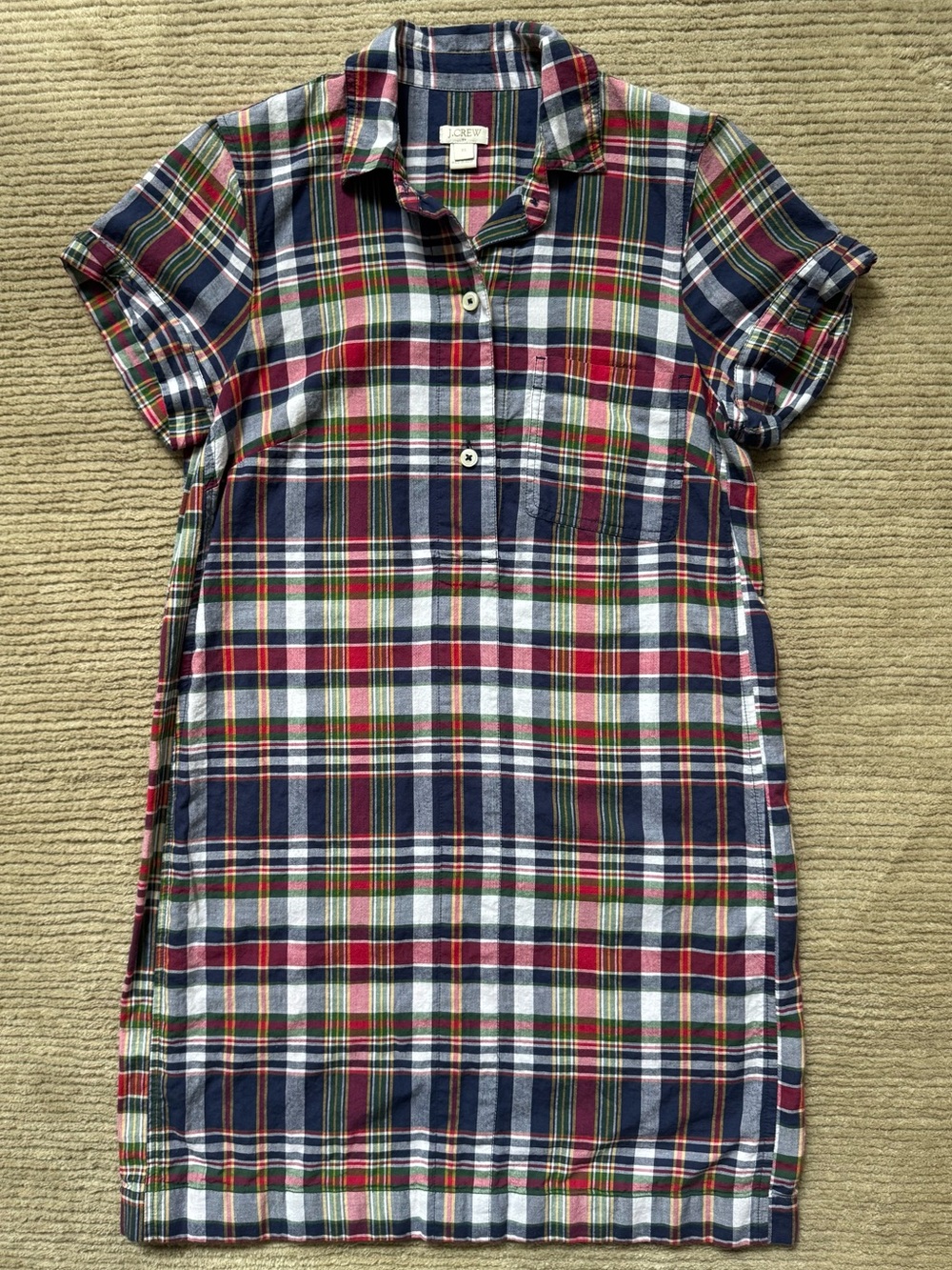 J.Crew Plaid Shirt Dress Shift Multicolor Short Sleeve Button Front Size XS